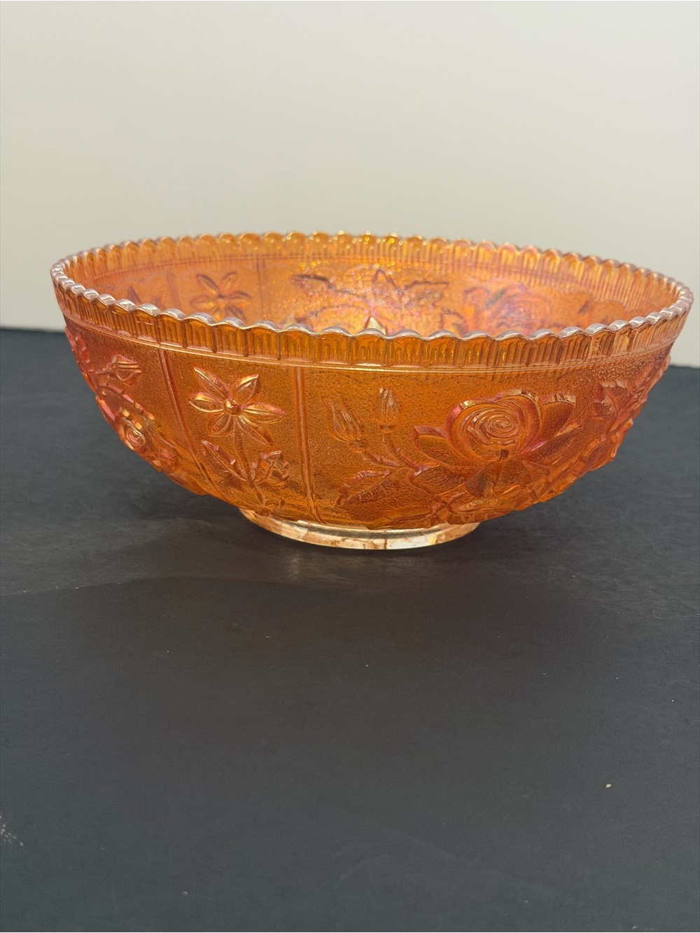 Marigold Carnival Glass Bowl Vintage Imperial Art Deco Open Rose Pattern 9”